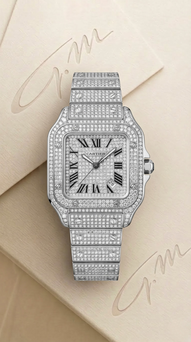 Cartier Santos Large Model – Fully Iced Out Custom Diamond Edition