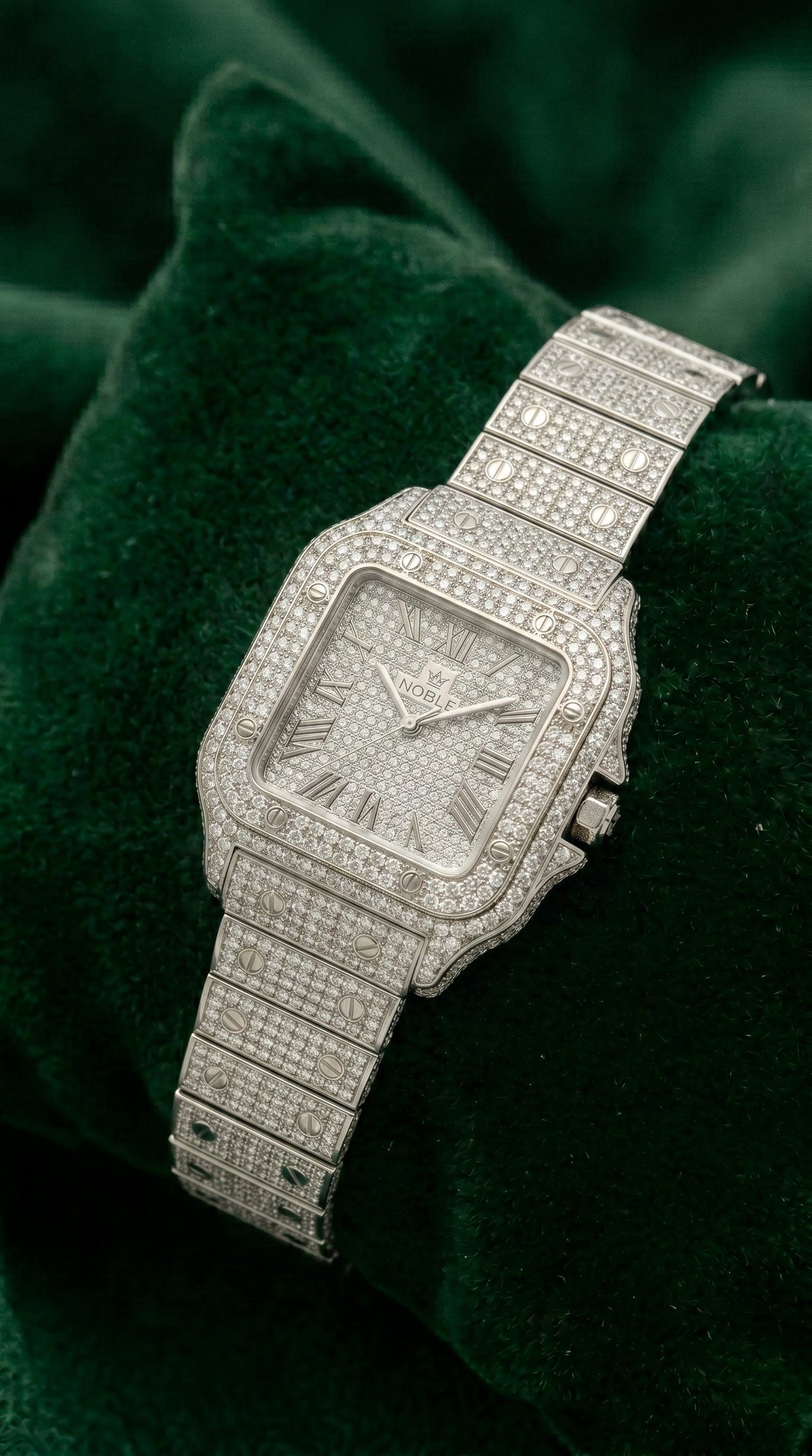Noble "Iced-Out" Square Dial Fashion Watch – Full Rhinestone Silver-Tone Statement Timepiece - Light Weight